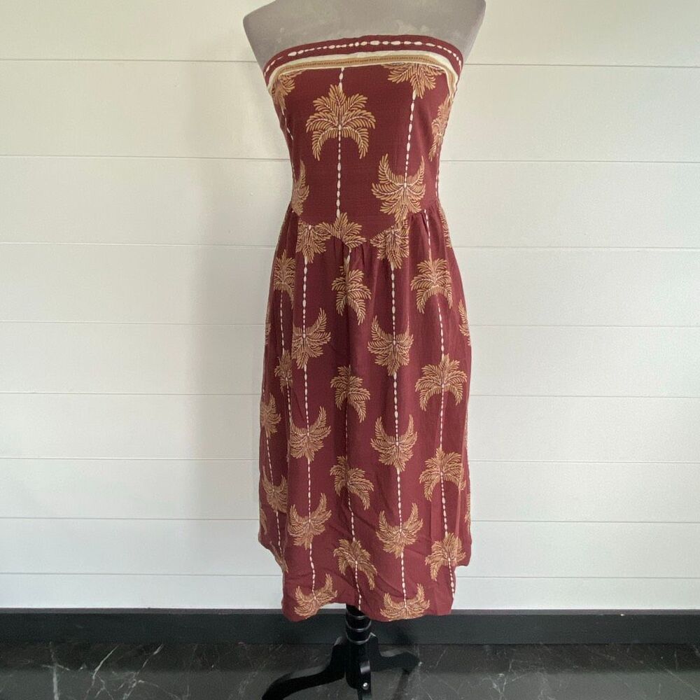 Monteau Strapless Palm-Print Midi Dress in Rust Sz Medium NWT